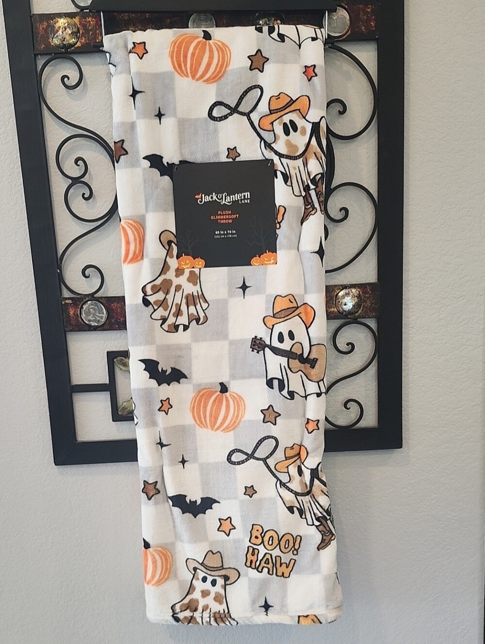 Halloween Ghost In Cowboy Costume With Western Hat And Lasso Throw Blanket